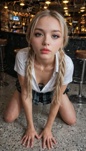 (((Realistic))), (((K POP))), While visiting the local strip club, I notice a familiar face, my sisters best friend. She doesn’t notice me notice her. I inquire about get a private dance from the owner, I pay the $200 and she walks into the private room. 4k, of a beautiful woman working at a strip club, school uniform, pink thong, Skinny body type, toned body aesthetic, slim, white sexy socks, mini plaid skirt body, wide hips, (small bust), tight body, rectangular head, long high blonde pigtails hair, big almond eyes, slutty makeup, full lips, lipstick, small mouth, ((sharp thin nose)), high cheek bones, Detailed eyes., ((Highly detailed realistic face)), Background, champagne room at strip club, private dance
Scene, sunset light, golden dawn
Highly detailed face, expression is slutty, on knees, bent over, doggy, ass up, bubbly, seductive, fake eyelashes, tramp, whore, slut, eager to please 21 year old slut