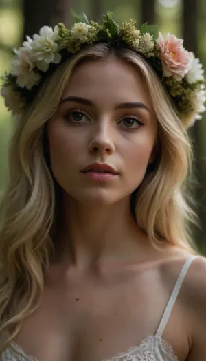 Create a highly detailed close-up portrait of a blonde woman in a forest, bathed in warm, summery afternoon light. Her hair is adorned with a beautifully crafted flower crown. The portrait should capture every intricate detail of her face, her eyes, eyelashes, lips, nose, chin, and skin texture, all in stunning clarity. The background should be softly blurred, emphasizing the sharpness of her features. This portrait should feel artistic, serene, and ethereal, capturing the essence of a peaceful moment in nature