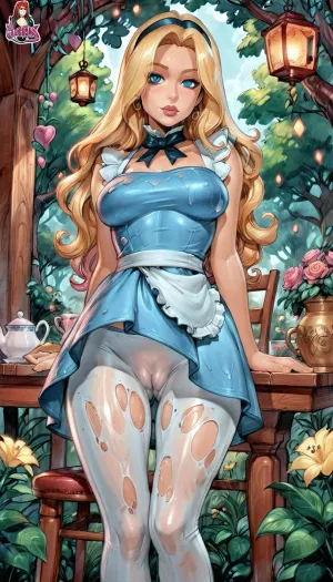 (upper body shot), Alice in Wonderland, 18yo woman with blonde pixy hair with many sidelocks and a black headband, wearing a blue very slim wet dress with a white apron, medium breasts, shaven pussy, (cameltoe:1.5), Whimsical outdoor tea party in a fantasy garden, long table covered with mismatched teacups and teapots, colorful chairs at odd angles, hanging lanterns and clocks, oversized flowers and twisted trees, chaotic playful atmosphere, (reiq style), <lora:cartoon_stickers_xl_v1:2>, <lora:ratatatat74-000050:2>, <lora:detailed_notrigger:2>