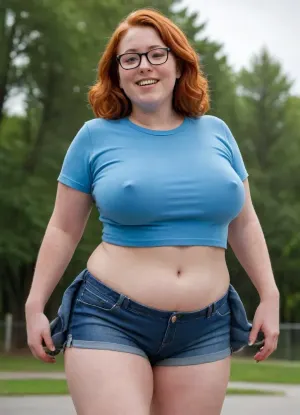 40yo ginger chubby woman, glasses, ((blue shirt)), freckles, female pubic hair, solo, pubic hair, closed eyes, jeans, long hair, navel, hair over breasts, realistic, large saggy breasts, bangs, lips, makeup, parted lips, smiling, ((hairy)), ((chubby)), braless, Wearing, clothes, that, make, sense, with, Braless>, on roller skates, at park, full body, ((wearing shorts)), underboob, <lora:Very_Hairy_Women:.2>, <lora:milkers_v2:.5>, <lora:bralessSDXL_v1_00022:1.7>, <lora:UnderboobXL:2>