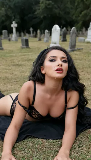 Realism, 1 indian 25yo, beauty full face, beauty black wavy hair, 1 girl, black widow lingerie, dark lipstick, dark make-up, fit, taking off her black veil, dad, lying on a the ground in a graveyard edgSlingerie, lingerie, wearing, <lora:edgSlingerieXL:.8>, sad, sorrowful, looking, tears, <lora:polyhedron_tears-000003:.8>, lofwes, front, view, half-front, side, lying, on, elbows, <lora:LyingOnFrontWithElbowSupport.1.0:.8>