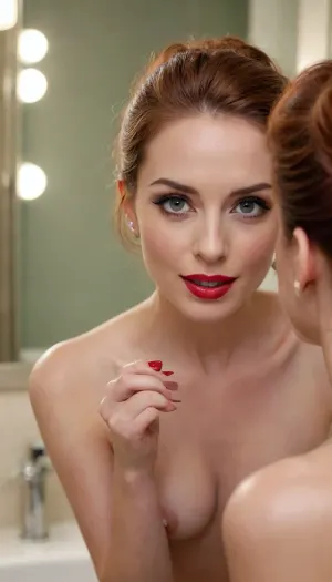 Beautiful sexy slender 38 year old noblewoman, (doing her lipstick in the bathroom mirror), expensive bathroom, (looking at herself in the mirror), (view from behind), expensive jewellery, long brown hair, naked, small boobs, small smile, perfect teeth, 3/4 view, sharp features, red hair in a bun, winking, sharp features, (perfect hands), perfect eyes, realistic