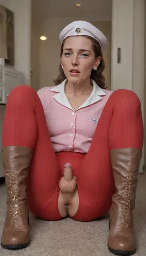 (18 year old femboy stewardess:1.5), (red ribbed tights:1.5), (pink sexy boots:1.5), (hats stewardess), (crying and pain is evident on the face femboy:1.7), sissy, (small erect penis), apartment, eye contact, solo, (extra anal gape), (big ass:1.3), spread legs