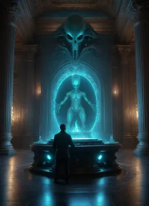 (Masterpiece:1.3), (Photorealistic:1.4), (Cinematic:1.3), ., (Astroarchaeologist:1.4), kneeling before a, (enormous and intricate alien holographic console:1.5), embedded in a wall of, (luminous etched obsidian:1.2), . The astroarchaeologist, (delicately touches glowing liquid metal glyphs:1.4), floating centimeters above the surface., (Ancient alien record room:1.3), with, (non-Euclidean geometry:1.2), and, (gigantic pillars of crystalline data:1.3), reaching into the shadows., (Bioluminescent turquoise energy:1.2), flowing through conduits in the floor., (Intense concentration:1.2), in the archaeologist's gloved hand and the, (reactivated alien technology:1.3), . Dramatic side lighting, (drift stardust:1.1), hyper-detailed mechanical parts, 8k, (Unreal Engine 5 style:1.2), macro detail, sharp focus.