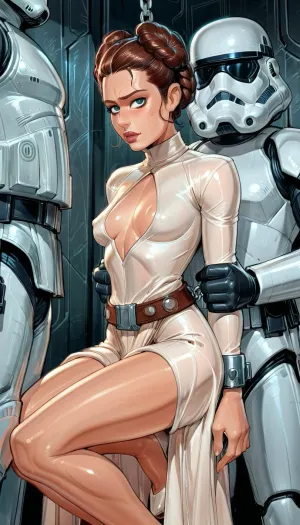 (Princess Leia), small breasts, white gown with long sleeves, silver belt, long legs, high contrast, in a high-tech Rebel Base from Star Wars, (One Stormtrooper is escorting her to her cell), ((her hands are handcuffed:1.4)), (hands bound), (hands restrained), (reiq style), <lora:cartoon_stickers_xl_v1:2>, <lora:ratatatat74-000050:2>, <lora:detailed_notrigger:2>