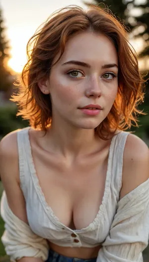 A beautiful English woman, In a Christmas garden, Christmas tree with decorations, presents and lights, prominently positioned, “she is, [leaning forward/crawling/on knees], ”, “The scene is bathed in the warm golden hues of a breathtaking, (((sunset))), (perfect face:1.5), (perfect nose:1.5), she is, (fully clothed), she wears a short, old, loose top and grey low slung jeans. short auburn hair blowing in the breeze, light freckles and moles, sun-kissed skin, tan lines, smooth skin, 29 years old looking at the camera. hair follicles are visible, auburn hair tied back into a loose bun, she looks lovingly at the person behind the camera. The camera is at ground level. knees on the ground, She has small breasts. “Her, (((breasts dangle))), in the vest”, Small breast, flat chested., (((Bust is visible))), She has a cute face with small facial features. Fully clothed. style, Clouds, Cloudy, Sunset, sky, clouds, <lora:Midjourney Image Enhancer XL v1:1.7>, <lora:detailed_notrigger:1.1>, <lora:Realistic_SkyClouds_v2-000006:2>, <lora:Her_Eyes:1.4>, <lora:Detailed_female_hands-000001:.8>