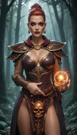 (Diablo II wizard:1.5), hottie, torso focus, pixie hairstyle, spiked hair, (orange, black, ombre, hair), (dramatic makeup:1.2), (shaved head:.8), piercings, (dark lipstick), (foggy forest), (from below:.3), (eye, contact, with, viewer), (oblique view), (hyper detailed), (reiq:1.2), (eye shadow), (standing), (hips tilted:1.2), (cleavage), grin, wizard sexy armor, (gold filigree:1.4), holding magic orb