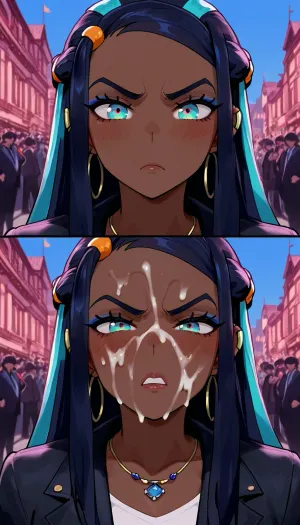 Nessa, crowd, public, Look a viewer, frown, face covered cum, cum on face, facial cum, angry expression, outdoor, Model, fully clothed