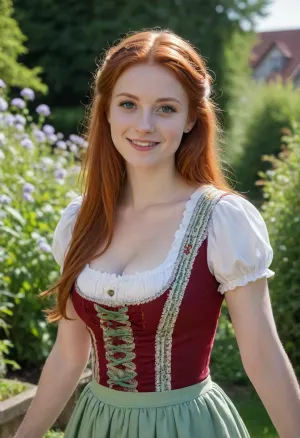 (high quality photographie), (detailed eyes), (detailed skin), (ultra sharp), one only beautiful tall 22yo woman, long natural red hair, very straight hair, in traditional Austrian Dirndl Dress, on a sunny day on in the garden, no makeup, smiling, full body view