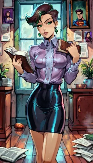 (Eva Green), upper body shot, Adult woman with, (shoulder-length dark brown hair), slim professional build, wearing a, (purple blouse and black skirt), (standing inside a modern newsroom), (newspapers on the floor and walls), Superman photo on the wall, holding a notepad and pen, confident upright posture as if asking a question, inside a newsroom, Metropolis, small breasts, long legs, sarcastic expression, high contrast, (reiq style), <lora:ratatatat74-000050:2>, <lora:detailed_notrigger:2>