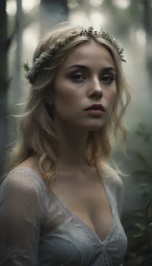 Create a highly detailed close-up portrait of a blonde woman in a forest, bathed in warm, summery afternoon light. Her hair is adorned with a beautifully crafted flower crown. The portrait should capture every intricate detail of her face, her eyes, eyelashes, lips, nose, chin, and skin texture, all in stunning clarity. The background should be softly blurred, emphasizing the sharpness of her features. This portrait should feel artistic, serene, and ethereal, capturing the essence of a peaceful moment in nature, Black, and, white, art, black, shading, charcoal, toned, brutal, dark, b/w, color, scheme, haze, misty, lagoon, mist, dusk, cloudy, smoke, atmospheric, clouds, fog, <lora:Black and white art.V1:.5>, <lora:EnvyHazeSliderXL01:2>, <lora:BIXL_Beautiful_Nature_Twilight_001:1.1>, <lora:Cloudy_Style:.8>, <lora:Aether_Ghost_v1.1_LoRA:2>