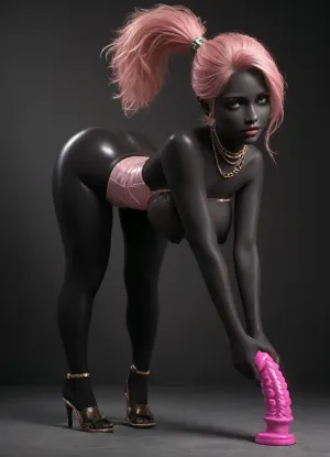 Ultra-realistic, perfect natural skin texture, realistic skin pores, professional photography, best shadow, 8K resolution, UHD, clear image, extremely complex details, ultra-high definition, ultra-sharp textures, full dynamic range, deep contrast, high definition, smooth gradients, full body, side view, full face, young Nigerian girl, 18 years old., (black skin:3.25), (hairstyle, curley bun, ponytail, washed pink hair), (beautiful curvy face, perfect thick lips:1.3), (intricate black eyes), (dark black lipstick), cute makeup, (legs thick, (pussy thick), (ass tight), (Caucasian dildo:1.5), curvy face), (perfect large breasts, large nipples, enlarged nipples, four inch long nipples, perfect big ass, thick thighs, chubby body, wide hips), (lightly oiled body, perfect skin, smooth skin:1.5), (perfectly shaved pussy:1.4), ((perfect purple vagina:1.3)), (piercing in a nautical style, African jewelry, gold jewelry, necklace, open chest corset), (bent over, squeezing tits), ((makeup:1.5), long black eyelashes, black eyeshadow with glitter), (lips:1.2), black lipstick, seducing smirks. At the final stage, the cameraman finished on the woman's face makeup., makeup, eyeliner, eyelashes