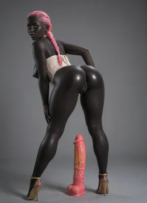 Ultra-realistic, perfect natural skin texture, realistic skin pores, professional photography, best shadow, 8K resolution, UHD, clear image, extremely complex details, ultra-high definition, ultra-sharp textures, full dynamic range, deep contrast, high definition, smooth gradients, full body, side view, full face, young Nigerian girl, 18 years old., (black skin:3.25), (hairstyle, braids, corn rows, washed pink hair with white highlights), (beautiful curvy face, perfect thick lips:1.3), (intricate black eyes), (dark black lipstick), cute makeup, (legs thick, (pussy thick), (ass tight), (Caucasian dildo:1.5), curvy face), (perfect large breasts, large nipples, enlarged nipples, four inch long nipples, perfect big ass, thick thighs, chubby body, wide hips), (lightly oiled body, perfect skin, smooth skin:1.5), (perfectly shaved pussy:1.4), ((perfect purple vagina:1.3)), (piercing in a nautical style, African jewelry, gold jewelry, necklace, open chest corset), (bent over, squeezing tits), ((makeup:1.5), long black eyelashes, black eyeshadow with glitter), (lips:1.2), black lipstick, seducing smirks. At the final stage, the cameraman finished on the woman's face makeup., makeup, eyeliner, eyelashes

Getting fucked in ass