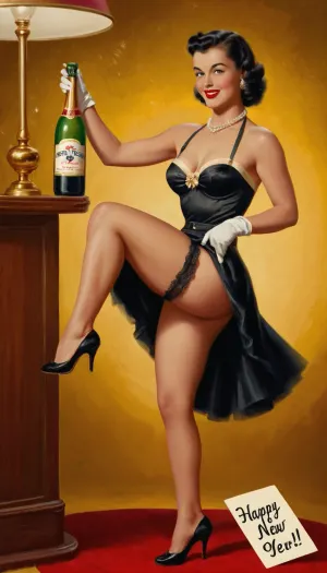 ((happy new year is written on a card)), with a pin-up lifting her skirt, drinking champ, pin-up style, 1950s, <lora:Art_Frahm:.8>