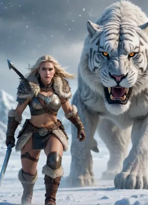 A fierce Nordic warrior woman with long icy-blonde hair rides a massive prehistoric saber-toothed tiger through a frozen snowfield. She wears rugged fur and leather armor, battle-worn and frost-covered, with intense determined eyes. The beast has enormous curved fangs, glowing amber eyes, thick frost-covered fur, and powerful paws crushing snow beneath it. Snow particles swirl in the cold air, distant icy mountains blurred in the background. Ultra-realistic fantasy style, epic cinematic lighting, shallow depth of field, high contrast, dramatic composition, hyper-detailed fur and skin texture, photorealistic, 8K resolution, cinematic fantasy movie poster, cold color grading, epic atmosphere.