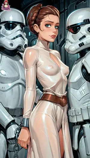 (Princess Leia), small breasts, white gown with long sleeves, silver belt, long legs, high contrast, in a high-tech Rebel Base from Star Wars, (One Stormtrooper is escorting her to her cell), ((her hands are handcuffed:1.4)), (reiq style), <lora:cartoon_stickers_xl_v1:2>, <lora:ratatatat74-000050:2>, <lora:detailed_notrigger:2>