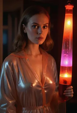 Portrait of a Woman, breast and pussy, clear see-through plastic raincoat, (Classic conical Lava-lamp), 1girl, 8k, photorealistic, style of a 60s hustler cover