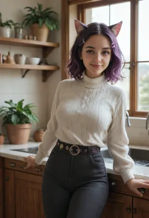 (A detailed anime-style illustration of a young woman with long, wavy light purple hair styled with cat ears and jeweled hair clips. She has large, expressive purple eyes and a gentle smile, and is wearing a cozy white ribbed knit turtleneck sweater and high-waisted dark charcoal pants fastened with an ornate purple jeweled belt. Her figure is curvaceous. She is leaning casually against a kitchen counter in a sun-drenched wooden kitchen, with her hands resting on the edge. The background includes wooden cabinetry, a window with sunlight streaming in, hanging cooking utensils, a pot on a stovetop, and a small potted plant, creating a warm and inviting atmosphere.)
