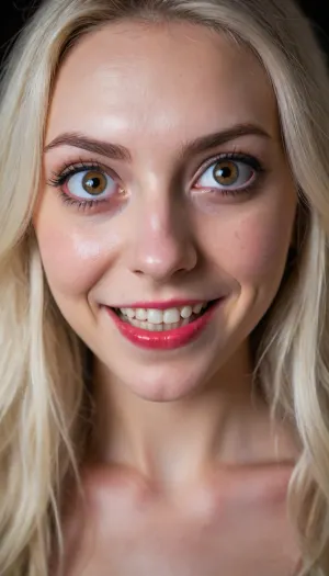 close-up portrait, young woman, doll-like beautiful face, (wide crazy eyes:1.3), (maniacal smirk:1.4), long disheveled platinum hair, looking directly at viewer, detailed face, cinematic lighting, pale skin, (unhinged expression:1.2)