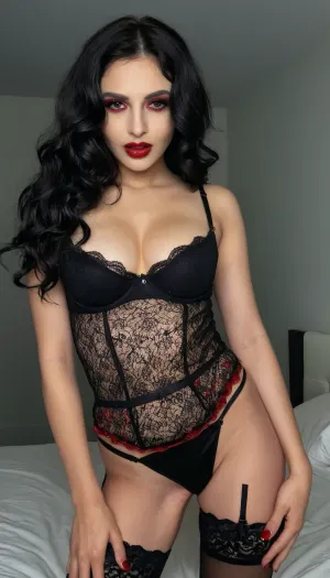 Realism, 1 indian 25yo, beauty full face, beauty black wavy hair, 1 girl, black widow lingerie, (black with some red), dark lipstick, dark make-up, anorexic