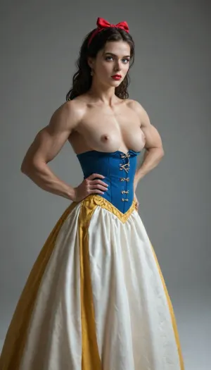 Snow White in her iconic dress with a royal blue corset and bright yellow flowing skirt, in snow white costume, in snow white dress, fullbody, bulky, relief, (muscles), feminine, nude, grey background, red lips, woman, (uberfit), (muscular:1.7), <lora:698348_training_data:.8>