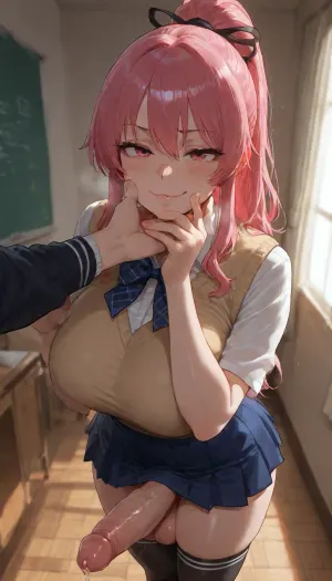 (Futanari:2), girl in school, skirt, thigh high socks, massive cock, (precum:2), pink hair in a ponytail, smug expression, holding another futa's chin