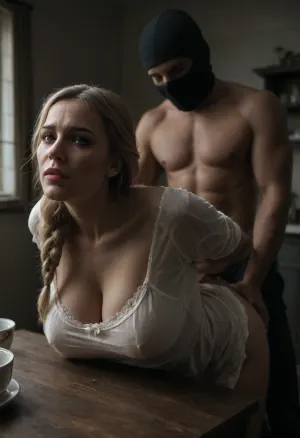 Insanely hot woman with giant boobs, russian supermodel, ((masked burglar fucks woman from behind)), (ultra detailed 4K UHD RAW photo), highly detailed, 8k, (photorealistic:1.7), man brutally rapes from behind a 40 year old housewife, lifting her flowery dress, scared woman with huge boobs in the kitchen, ((crying sad face)), ((curvy body)), ((milf:1.4)), ((bent over)), ((long blonde braided haircut)), ((makeup:1.5)), ((A woman is bending over the kitchen table)), ((forceful, maledom, brutal, rough)), ((her hands tied behind her back:1.3)), ((he is pressing her head down on table:1.3)), the hem of her nightgown is pulled up on her back, full and rounded buttocks are exposed, big, boobs, large, breasts, huge, gigantic, <lora:bombshell_v2:.5>, <lora:dark:.8>