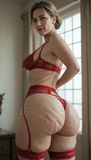 (A 40 year old lady with voluptuous forms), (MILF:1.3), ((flirty lingerie, laced lingerie, straps around thighs)), kinky, (.A woman with fat folds on her body and cellulite:1.1), (small chest:1.2), ((voluptuous curvaceous body, slender shoulders with widening waist)), (woman with fat folds), lace on wide hips.naked saggy breasts, (exposed sagging breasts:1.3), . ., ((H-shaped ass:1.8)), (thick ass, wide ass, large buttocks, cellulite on buttocks:1.5), .Her blonde hair is tied in a knot on her head., (Rounded face, rounded head, pretty eyes, pretty smile:1.1), (medium belly), (big soft thighs, rounded thighs, thunderthighs:1.2), indoors, 8k, (highest—quality:2)