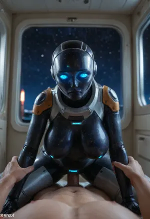 in front of the panoramic window of a spaceship, (a galaxy is visible behind the window:1.6), shiny silver female robot, (female sexbot:1.6), large breasts, (metal skin), ((bright blue glowing eyes)), (having sex with a human male astronaut:1.3), (male human), extremely detailed, super-detailed image, 4K quality, science fiction, doggystyle, from, behind, human, on, anthro, feral, <lora:SDXL_Human_Male_Furry_Female:.8>, hightech_robotics, <lora:hightech_robotics:.8>