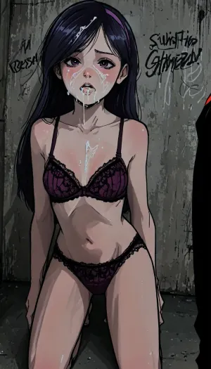 (markgavatino style:1.2), (violet_parr, incredibles), purple hair band, ((beautiful)), (lace bra, lace panties, long hair, kneeling, cum on face:1.3), small breasts, cum in mouth, cum in hair, best angle, prison setting, graffiti wall background, ratatatat74, <lora:LCMTurboMix_Euler_A_fix:1.4>, <lora:mk_Bp Anime_xl:1>, <lora:EnvyAnimeDigitalPaintingXL01:1>, <lora:ratatatat74-000050:1.5>