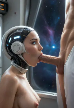 in front of the panoramic window of a spaceship, (a galaxy is visible behind the window:1.6), shiny silver female robot, (female sexbot:1.6), large breasts, (metal skin), ((bright blue glowing eyes)), (giving a blowjob to a human male astronaut:1.3), (male human), extremely detailed, super-detailed image, 4K quality, (side view:1.7), science fiction, woman, sucking, a, cock, aw0k, meltdown, style, mannequin, faceless, egghead, <lora:WTS - WhatTheSuck - v1:1.5>, <lora:moutstyle2-000009:1.2>, <lora:Mannequin_Faceless_Egghead-000007:1>