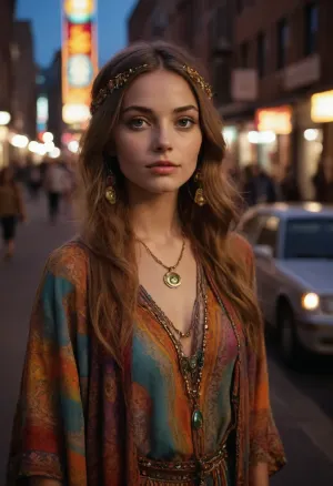 In an eclectic urban setting of the 1960s, a breathtaking hippie woman stands out with her bold, artistic fashion. Her self-made clothes are a tapestry of colors and textures, reflecting the vibrant spirit of the era. The atmosphere is lively and electric, with city lights and a sense of freedom in the air. Her aura is confident and captivating, drawing the eye of everyone around.