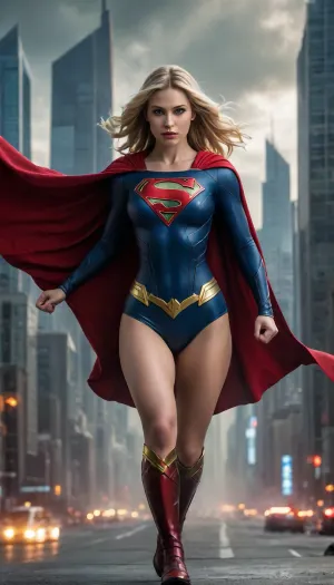 (futuristic-sci-fi image), menacingly seductive evil Supergirl, (tyrannical ruler of Earth), long blonde hair, sinister yet alluring expression, red cape, (black form-fitting skimpy steel armor, big neckline cutout), commanding presence, (flying over a sprawling futuristic city), neon-lit skyline, dark ominous clouds above, vibrant colors reflecting off buildings, (ultra-detailed), dramatic lighting, captivating atmosphere. full of hate and anger, angry and violent face expression