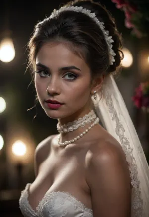 high resolution, high quality, dark scene at night, closeup of face, cute woman, cum on face, smile, pearl choker, pearl earrings, (Hair in elaborate updo:1.4), (standing model posing, (wedding dress:1.2), (white corset:1.2), (wedding veil:1.3), (white lace gloves), edge of nipple visible, thick eyebrows, very cute, smile, out of focus colorful flowers in a romantic outdoor background, outdoors, on, face, bukkake, cum), bellissima, <lora:LesFemmesXL_v1.0:1.5>, <lora:dark:.4>, <lora:Jennifer_Connelly_Portrait_Lora-000002:1.2>
