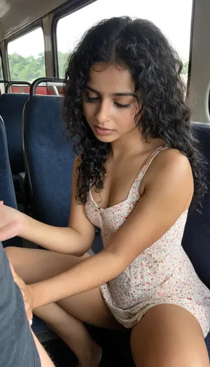 indian 25yo beauty black wavy hair, shy girl, sexually harassed by stranger on a bus