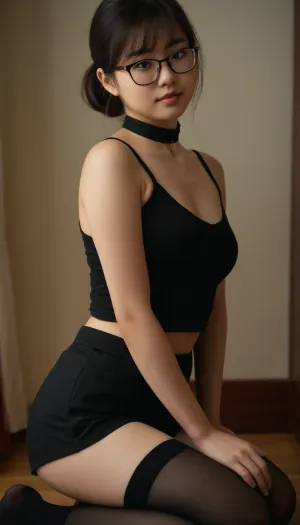 4K amateur photo, graceful, Nerdy Chinese student with glasses, full body view, she is looking back at the camera, ((introverted nerd)), (extremely shy), Pale Chinese girl with small perky boobs, firm butt, natural lighting, laying on her stomach with full view of her body, (nervous), (ultra realistic), real virgin, petite, small mouth, flirty, (looks innocent), realistic photo, (wearing black choker), (wearing high-waist shorts), (wearing provocative top), (eyeliner), ((shy)), realistic body, young adult, wearing thigh socks, slightly chubby, horny, realistic girl