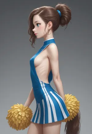 The image shows a young woman with long brunette hair, high athletic pony-tail hairstyle, smiling. She is wearing a sleeveless cheerleader uniform with a short pleated skirt. Graceful, slender, sculpted legs. skinny and anorexic body, The light falls on her, creating soft lighting., (her uniform has the letters "BYU"), (side profile), (side boob)