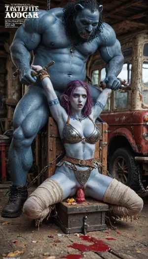 female drow elf barbarian, (dark night blue skin:1.82), tall, angry, busty, curvy, thin waist, big boobs, big butt, slim, athletic, fit, vitiligo, strong, (wearing Drizzt Do'Urdens armor, with bear fur pelt, dungeons and dragons inspired chainmail, purplish blue skin, black and purple hair, Dark, Elf, Warrior, Drow, tattooed, scarred, purple eyes, uberfit, muscular, blue skin, amazon, giant, fur barbarian armor, bloody, blood spatter, bear, bear heart), Dark, Elf, Warrior, Drow, tattooed, scarred, purple eyes, uberfit, muscular, blue skin, amazon, giant, fur barbarian armor, bloody, blood spatter, bear, bear heart, zavy-brbrn, defeating a woman in combat, fighting, killing, blood, winning fight, magazine cover, Realism_Quality_2xx_By_Stable_Yogi, score_9, score_8_up, score_7_up, (((very pretty face:1.3))), (((extremely ultra detailed face:1.3))), perfect fingers and hands, upper body view, (extreme size difference:1.6), (ultra realistic), (maximum quality), (high resolution), (extreme detail), (ultra realism), UHD, super high quality, highly detailed, high resolution, perfect lighting, natural lighting, Uber realistic, ultra detailed, masterpiece, 35mm photograph, film, professional, 4k, hdr, photographic, ultra realistic, ultra high details, back light, (dynamic pose), (dynamic angle), (random angle), (random pose), (dynamic view), (random view), best quality, volumetric lighting, golden hour lighting, dramatic shadows, rich details, nature-inspired color palette, 8k, score_9, score_8_up, score_7_up, FILM PHOTOGRAPHY STYLE, cinematic photo photo woman, professional portrait photorealism, a white and blue alice in wonderland dressed in satin, blonde, blue-eyed, alice in wonderland satin cosplay, satin skirt, striped stockings, knee-length red high heeled boots, fucked by mad hatter at mad hatter's tea party, missionary, large breasts and ass, wet-look, cleavage, thick red lips, heavy black eyeshadow, dark-haired male dressed in purple suit with yellow waistcoat and enormous purple top hat, sound effects, motion lines, tea party, teapot, crockery, spoons, plates, sandwiches, ((gangbang_rape, doubleanal_rape, arms_behind_head, nsfw:1.24)), ((hogtied, bound with large chains, tied to a torture van:1.36)), (Torture, defiling, sadism:1.62), ((5 dirty old fat men gangrape girl:1.36)), <lora:LCMTurboMix_Euler_A_fix:2>, <lora:Dark_Elf_Warrior:2>, <lora:Drow:2>, <lora:uberfit_lora_sdxl:2>, <lora:zavy-brbrn-sdxl:2>