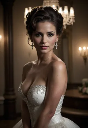 high resolution, high quality, dark scene at night, closeup of face, elegant middle aged woman, seductive smile, large pearl choker around neck, long pearl necklace down cleavage, large pearl earrings, pierced nipples, (brunette Hair in elaborate updo:1.4), (standing model posing, (wedding dress:1.2), (white corset:1.2), white sequined dress:1.5), nipslip, nipple edges are visible, (wedding veil:1.3), (white lace gloves), very cute, out of focus colorful flowers in a romantic indoor background, indoors, holding flowers, bellissima, clothes, jenniferlawrence101, downblouse, <lora:LesFemmesXL_v1.0:1.5>, <lora:dark:.4>, <lora:Jennifer_Lawrence_SDXL_101:.8>, <lora:RealDownblouseXL2:1>