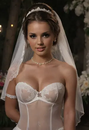 high resolution, high quality, dark scene at night, closeup of face, cute Devon, smile, pearl choker, pearl earrings, (brunette Hair in elaborate updo:1.4), (standing model posing, (wedding dress:1.2), (sheer white completely lace covered corset:1.2), (wedding veil:1.3), (white lace gloves), very cute, smile, out of focus colorful flowers in a romantic outdoor background, outdoors, 3 men behind her, holding flowers, on, face, bukkake, cum), bellissima, d3v0n, 1woman, clothes, seethru, <lora:LesFemmesXL_v1.0:1.5>, <lora:dark:.4>, <lora:Devon:1.4>, <lora:seethruv3_SDXL:.5>