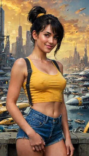 Photo of a MILF, yellow crop top, suspenders, side ponytail, black hair, denim shorts, solo, smiling, blushing, looking at viewer, futuristic utopia city scene with spaceships in background, detailed realistic skin, detailed realistic face, detailed realistic breasts, detailed realistic hair, braless, Wearing, clothes, that, make, sense, with, Braless>, <lora:style_lora_realis:2>, <lora:add-detail-xl:2>, <lora:bralessSDXL_v1_00022:.3>