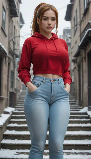 masterpiece, best quality, 1 girl, solo, kmazm, orange hair, ponytail, long hair, hair between eyes, purple eyes, (big breasts), (curvy hips), red hoodie, white jeans, athletic jeans, hands in pockets, T, pouty lips, V-shaped eyebrows, blush, cold, winter, stairs, city, gray sky