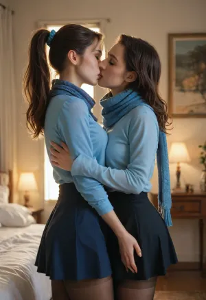 beautiful, gorgeous, 25_year_old, French woman, (Beautiful_French_woman), kissing her girlfriend passionately, in the evening, indoors, dimmed_lighting, after_sunset, reflective_skin, (wearing a blue long-sleeve shirt, scarf, skirt, pantyhose), medium_height, long_hair, dark_hair, blue_scrunchie, ponytail, blue_eyes, perfect_figure, average_breasts, small_nose, thin_lips, jewelry, groping, touching, hugging_tightly, French_kiss