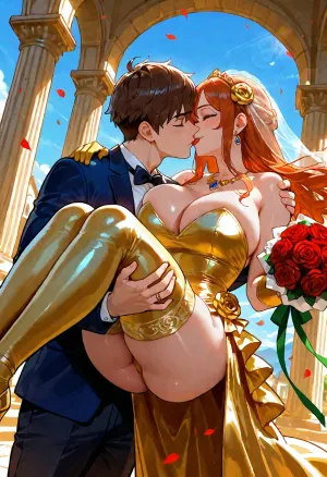 score_9, score_8_up, score_7_up, italian, sofia_from_italy, absurdres, highres, 1boy, 1girl, ^_^, arch, bare_arms, bare_shoulders, black_pants, blue_eyes, blue_sky, bouquet, breasts, bride, brown_hair, carrying, carrying_person, cleavage, closed_eyes, column, cowboy_shot, curvy, day, dress, dutch_angle, earrings, elbow_gloves, falling_petals, floating_hair, flower, full_body, gloves, (gold_dress, gold_gloves, gold_rose, gold_shoes, gold_thighhighs, gold_veil), groom, hair_flower, hair_ornament, hand_on_another's_shoulder, high_heels, holding, holding_bouquet, huge_ass, huge_breasts, jewelry, kiss, legs, lens_flare, lips, long_dress, long_hair, looking_at_another, mature_female, necklace, outdoors, pants, petals, pillar, princess_carry, profile, red_flower, red_lips, red_rose, ring, rose, shoe_dangle, shoes, sky, smile, standing, strapless, strapless_dress, thighhighs, veil, wedding, wedding_dress, wedding_ring, white_flower