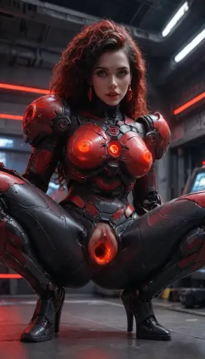 Princess Ariel, (robotic black mech red neon glowing armor:1.9), futuristic plasma-gun, spaceship interior, (hyper spread pussy, hyper gaping pussy, squat), <lora:Mecha_Ggorgeous_Armor-000011:1>