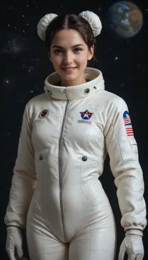 masterpiece, best quality, 1girl, solo, CLICLASS, black hair, spacesuit, black background, space, star, (sky), double bun, bun cover, cowboy shot, dutch angle, (floating), looking at viewer, v-shaped eyebrows, smile, parted lips