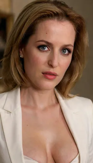 seductive female, goddnes model, seductive elite sorority-model girl, female seductive secretary, beautiful gentle make-up, saggy tits, 35 y.o., boss office cabinet background, secretary suit jacket top outfit, presenting saggy tits, tall, (beautiful seductive model woman:1.1), (sexy hair), (elegant hairstyle), beautiful eyes, look at me, sexy lips, flat chested, beautiful skinny face, beautiful girl, seductive smile, deep cleavage, alluring yet dangerous, close up viev, dark sapphic glamour, look attt my eyes, dramatic lighting., close_up_detailed_shot_of1, gillian, anderson, as, sagging, breasts, <lora:close_up_detailed_shot_of1:1.2>, <lora:lora-sdxl-dana-scully-v1:1>, <lora:sagging-000015:.2>, dana, scully, woman, <lora:dana scully 1b-000001:.8>