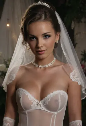 high resolution, high quality, dark scene at night, closeup of face, cute Devon, smile, pearl choker, pearl earrings, (brunette Hair in elaborate updo:1.4), (standing model posing, (wedding dress:1.2), (sheer white completely lace covered corset:1.2), (wedding veil:1.3), (white lace gloves), very cute, smile, out of focus colorful flowers in a romantic outdoor background, outdoors, 3 men behind her, holding flowers, on, face, bukkake, cum), bellissima, d3v0n, 1woman, clothes, seethru, <lora:LesFemmesXL_v1.0:1.5>, <lora:dark:.4>, <lora:Devon:1.4>, <lora:seethruv3_SDXL:.5>