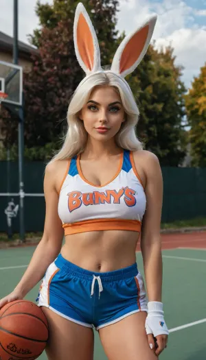 (Low angle shot), Incredibly beautiful woman, (gorgeous cute face:1.3), (30 years old), (((thick bugs lola bunny woman))), white hair, (((v-shaped face))), big lips, (stacked busty), ((lola bunny sports basketball jersey top and tight small shorts, midriff)), ((fake bunny ears)), (underboob), ((bugs bunny face printed outfit)), (((walking toward viewer while holding a basketball))), (thigh gap), on a basketball court, cloudy weather, shade, backlight, detailed face, cute smile, (perfect iris eyes), (blue eyes), (symmetrical eyes), identical eyes, perfecteyes, MG_ip, <lora:xl_more_art-full_v1:.5>, <lora:add-detail-xl:1>, <lora:lora-sdxl-perfect-eyes:.5>, <lora:3D模型丨可爱化SDXL版_v2.0:.8>, <lora:detailed_notrigger:.8>