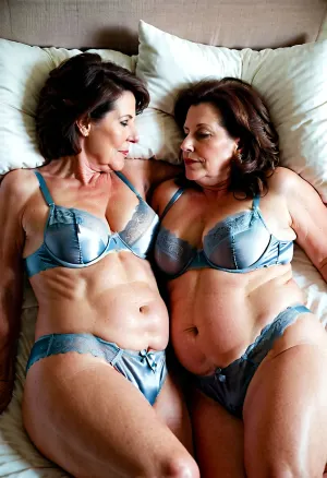 Two chubby brunette haired fifty-year-old lesbian girlfriends make love lying on a wide bed, in silk underwear. One girlfriend enthusiastically licks the crotch of the second friend. lesbian, cunnilingus, 2girls, girl, licking, pussy, <lora:Cunnilingus XL:.5>